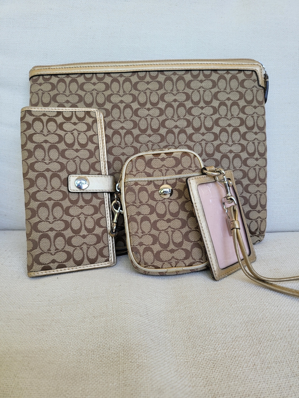 Coach Signature Beige Brown Pouch & Accessories Set